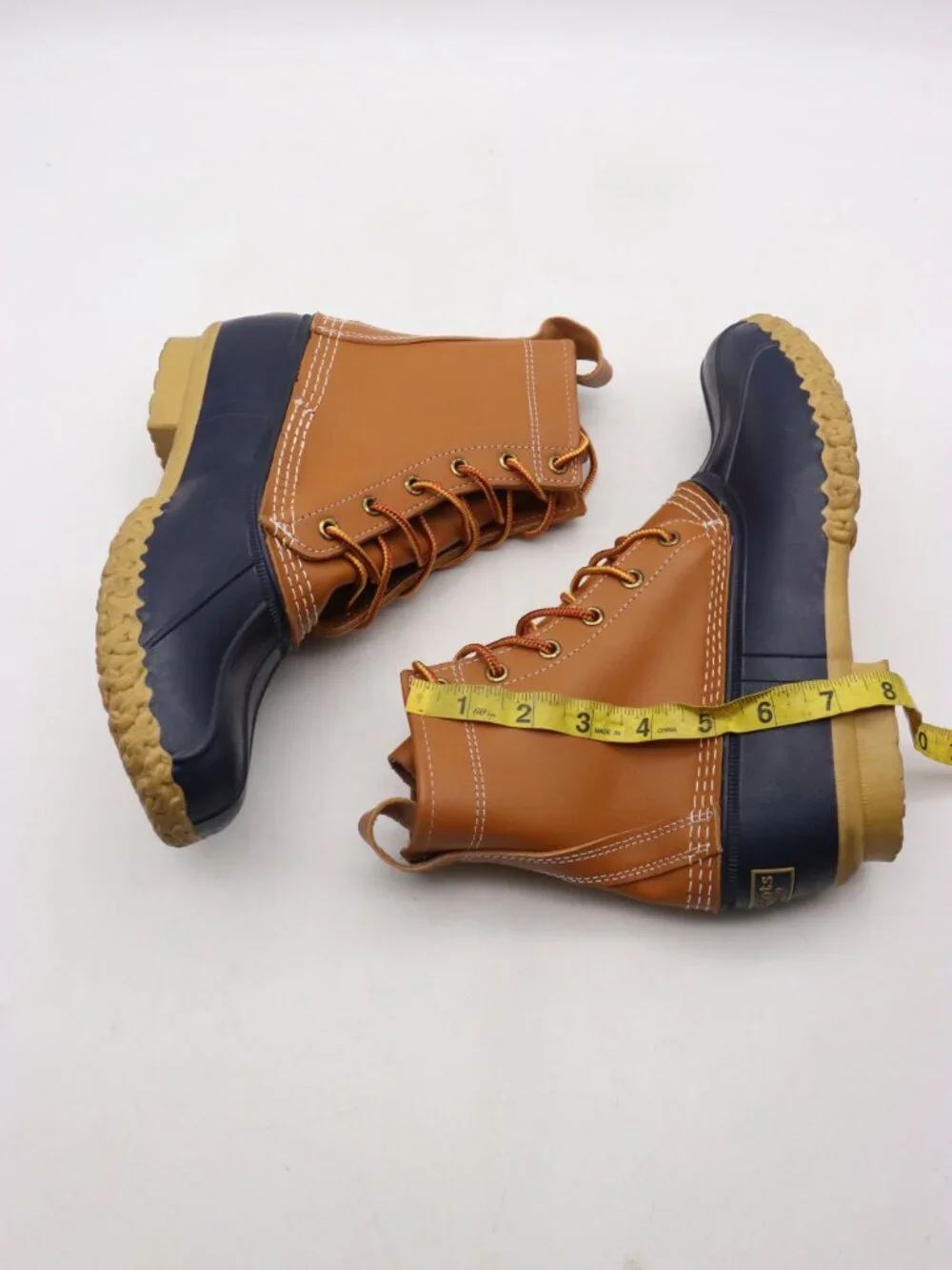 L. L.Bean Duck Rubber Boots Men's Size 9 M Tan Navy Blue Shoes Made In USA